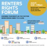 Illustrated graphic with information on the Renters Rights Forum, June 8. The graphic features a blue background with outlines of different housing types, from apartments to detached single family homes.