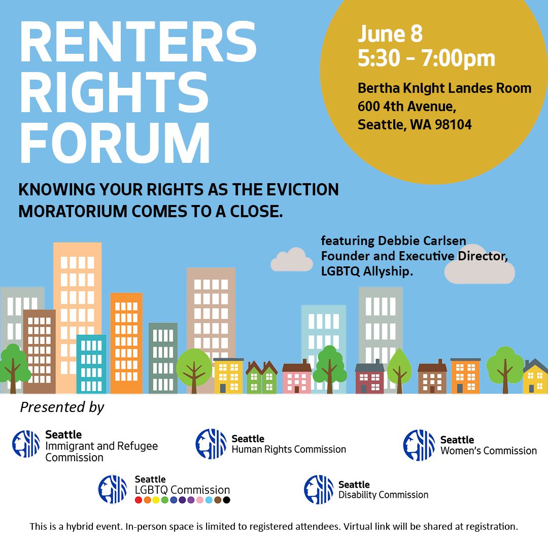 Illustrated graphic with information on the Renters Rights Forum, June 8. The graphic features a blue background with outlines of different housing types, from apartments to detached single family homes.