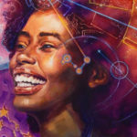 A colorful illustrated banner. In the center is the face of a feminine-presenting person with dark skin, facing left and smiling broadly. To the left of the face is a blue futuristic design with yellow stars. To the right, a bubbling orange background is overlaid with a design like a futuristic blueprint.