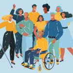 Illustrated graphic of people with different disabilities. The background of the graphic is light blue.