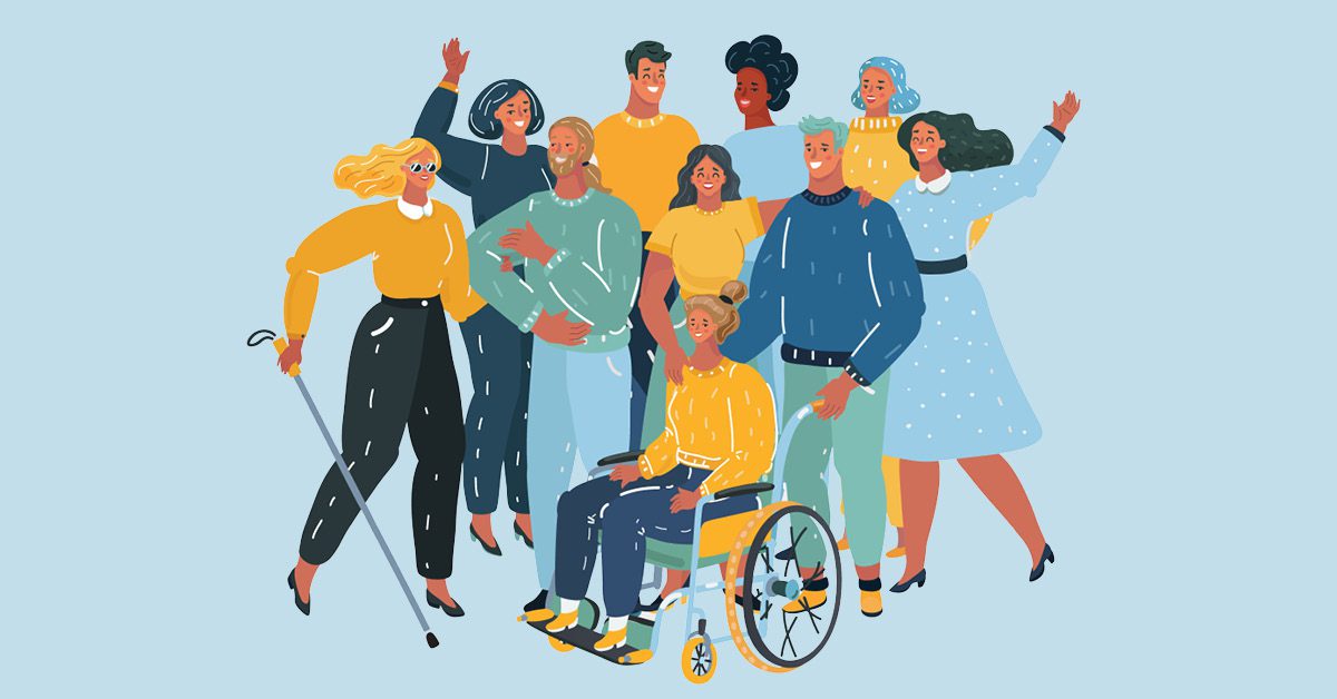 Illustrated graphic of people with different disabilities. The background of the graphic is light blue.
