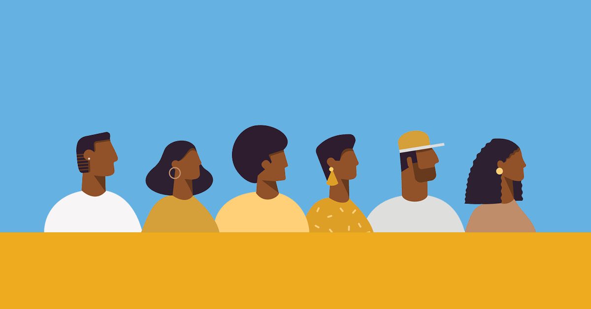 Illustrated graphic with light blue background and yellow bottom border. Silhouettes of Black / African-American people facing to the right.