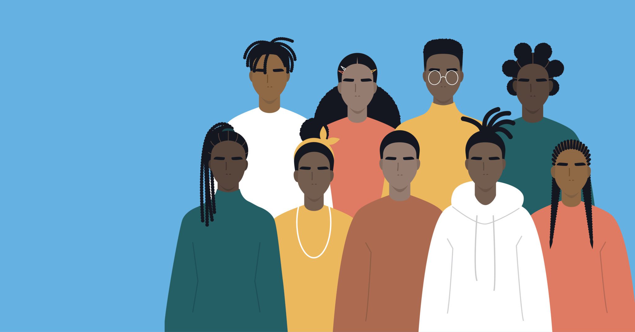 Illustrated graphic of different Black and African-American people. The background is light blue.