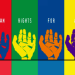 Colorful graphic with four hands. Text overlay reads "Human Rights for All."