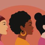 Graphic illustration of three diverse women. Backdrop is pink and peach.