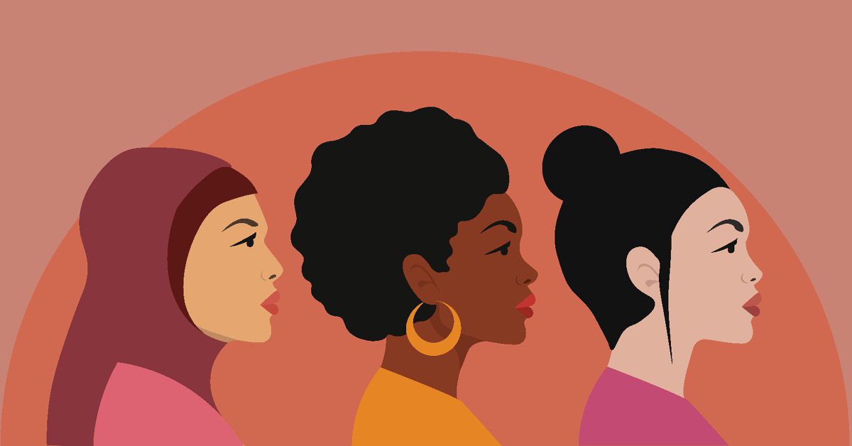 Graphic illustration of three diverse women. Backdrop is pink and peach.