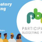 Illustrated graphic with light blue background. Silhouettes of Black / African-American people facing to the right. Text overlay reads "Participatory Budgeting in the City of Seattle" with Participatory Budgeting Project and SOCR logo.