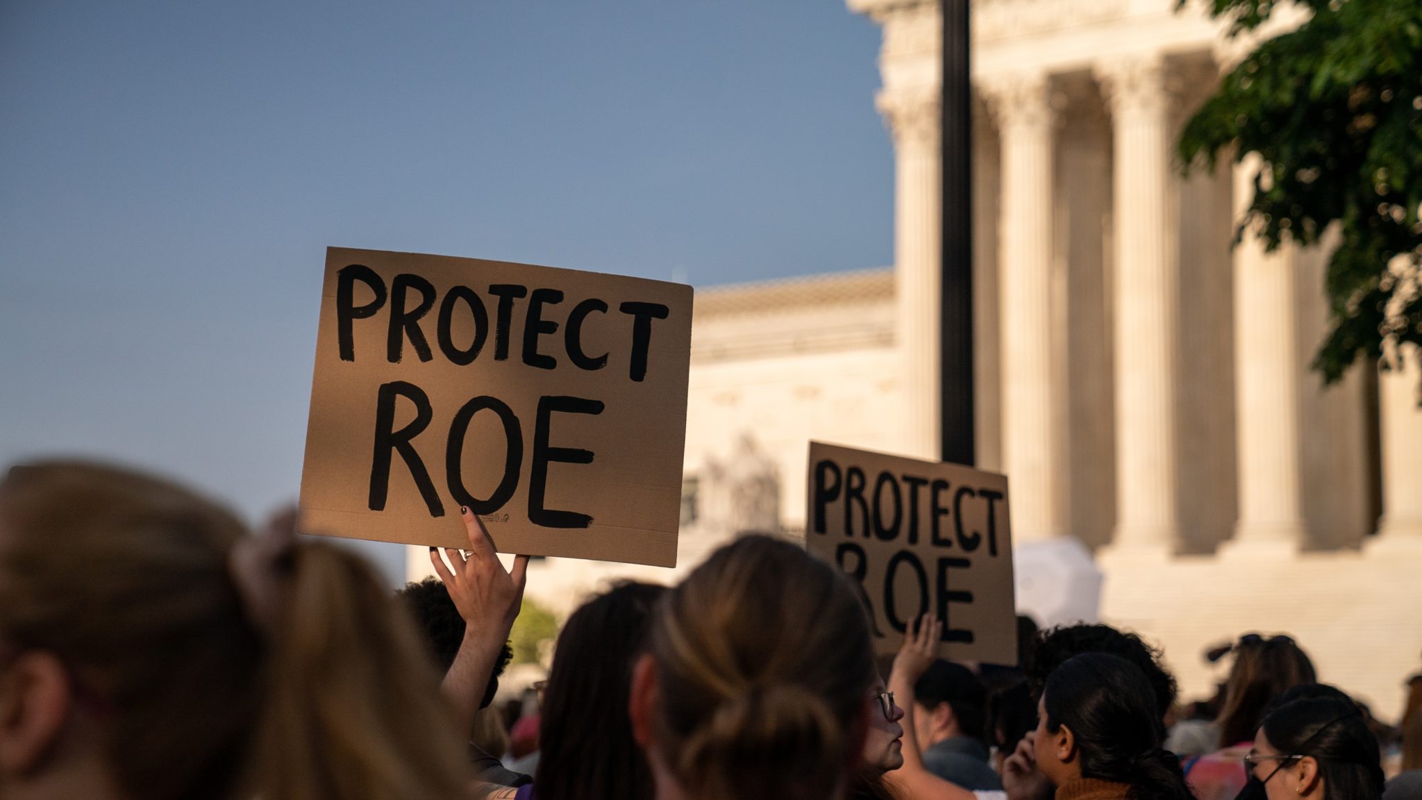 A protest in front of the Supreme Court of the United States. Two signs in the protest read 