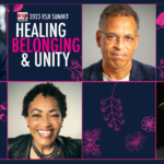 A banner for the 2023 RSJI Summit, with a dark blue background. The banner is divided into eight squares by a pink line. In four alternating squares are pictures of Summit speakers. The other squares have pink drawings of flowers on the background. In the second square from the top left is text: "RSJI Presents 2023 RSJI Summit / Healing, Belonging & Unity".