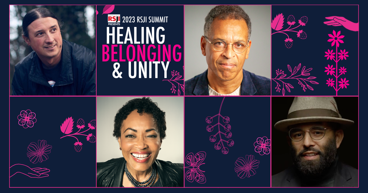 A banner for the 2023 RSJI Summit, with a dark blue background. The banner is divided into eight squares by a pink line. In four alternating squares are pictures of Summit speakers. The other squares have pink drawings of flowers on the background. In the second square from the top left is text: 