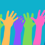 A banner with many raised hands of different colors.