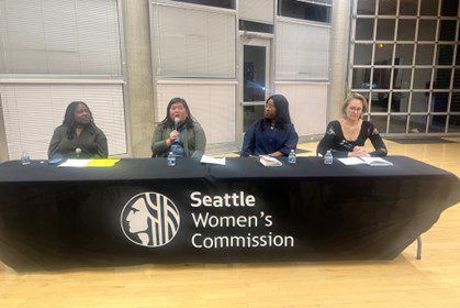 From L-to-R: Marcia Wright-Soika, Jamie Lee, Patience Malaba and Susan Boyd speak at the Seattle Women's Commission Housing Access panel.