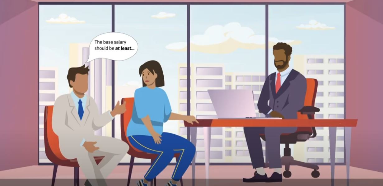 The image illustrates three people talking in an office setting.