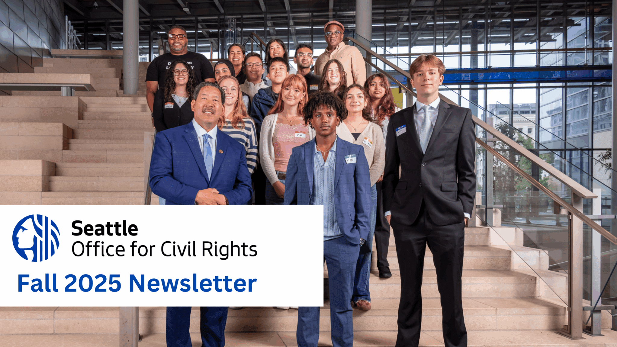 Youth Civic Engagement Program participants posing for a photo with Mayor Bruce Harrell on the steps of City Hall.